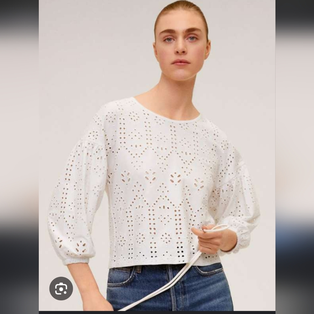 Mango Off White Boxy Cropped Broidery Eyelet Blouse With 3/4 Sleeves XS